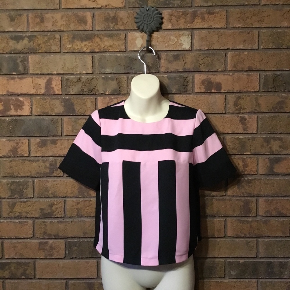 Topshop women’s blouse SZ 2 zipper back pink and black stripes colourblock EUC